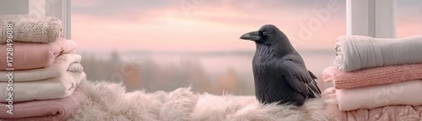 Fototapeta Captivating Hyper-Realistic Halloween Illustration Featuring a Single Glossy Bird Perched Near Cozy Blankets at Sunset
