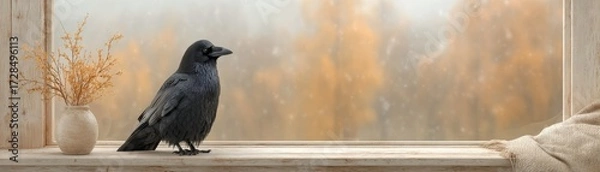 Fototapeta Captivating Hyper Realistic Illustration of a Raven Perched on a Windowsill with Autumn Background and Natural Elements