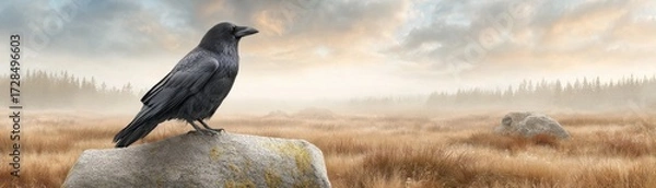 Fototapeta Captivating Vintage Halloween Illustration of a Raven in Hyper Realistic Style Against a Beautiful Landscape
