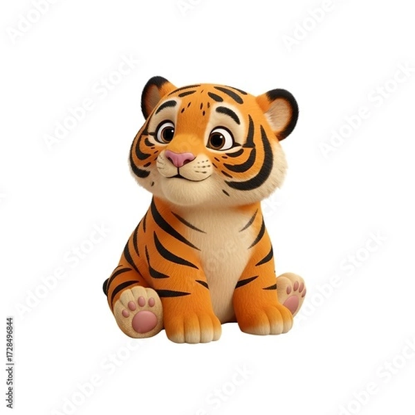Fototapeta Animated cartoon tiger character sitting with a friendly expression  