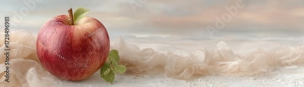 Fototapeta Captivating Vintage Halloween Illustration of a Realistic Apple with Unique Stitching and Fresh Green Mint Leaf