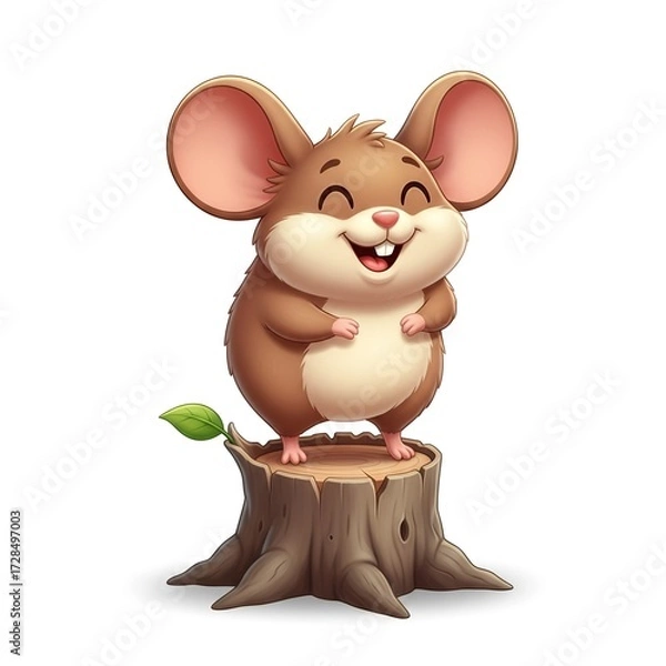 Fototapeta Cartoon mouse happily standing on a stump with a leaf  