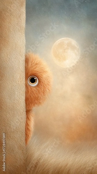 Fototapeta Whimsical Halloween Illustration of a Charming Creature Peeking Behind a Wall Under a Full Moon in Vintage Style