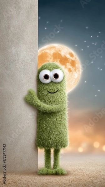 Fototapeta Charming Vintage Halloween Illustration of a Friendly Green Character Embracing a Pillar Against a Full Moon Background