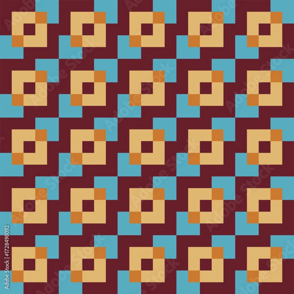 Fototapeta Retro pattern created from gold, cream, blue and deep maroon squares