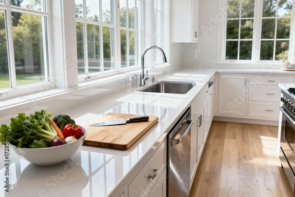 Fototapeta Bright Modern Kitchen Countertop with Fresh Vegetables and Large Windows
