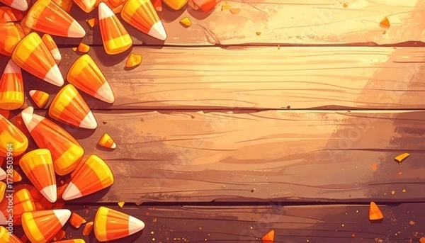 Obraz Candy corn spills over a rustic wooden table