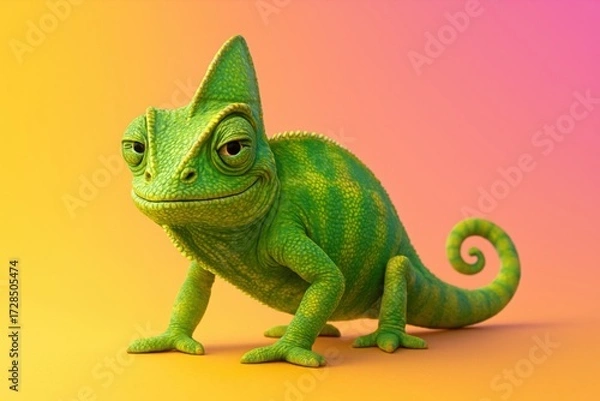 Fototapeta Playful green chameleon with vivid texture on a colorful gradient background perfect for nature-themed education and kids content