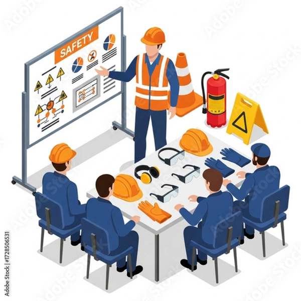 Fototapeta Isometric Vector Illustration of Workplace Safety Training with Construction Workers and Protective Equipment