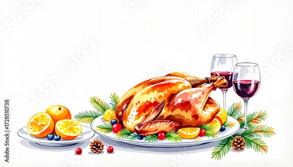 Fototapeta Roasted goose with oranges and red wine on festive holiday table  