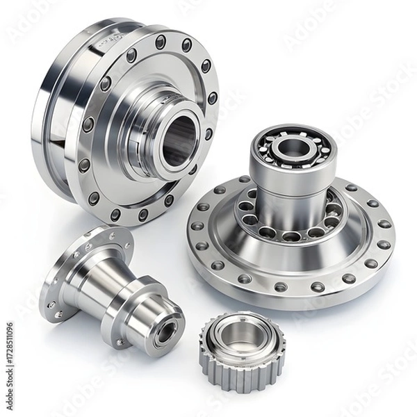 Fototapeta A studio shot of four shiny metal machine parts with bearings on a plain white background surface