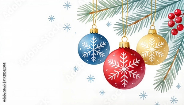 Fototapeta Christmas ornaments with snowflake engravings on pine branches  