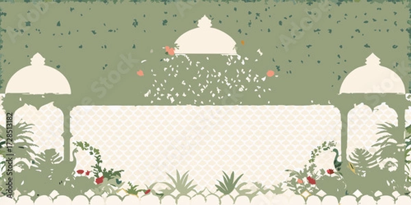 Fototapeta Tranquil indian garden pavilion with lush foliage and floral accents under a patterned sky