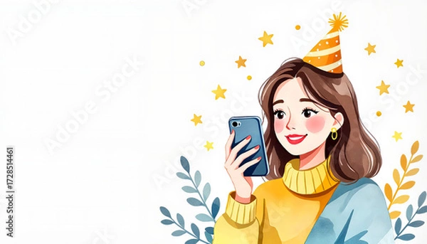 Fototapeta Young woman wearing party hat and smiling while using smartphone  