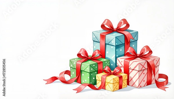 Fototapeta Wrapped gifts in colorful boxes with ribbons on white background  