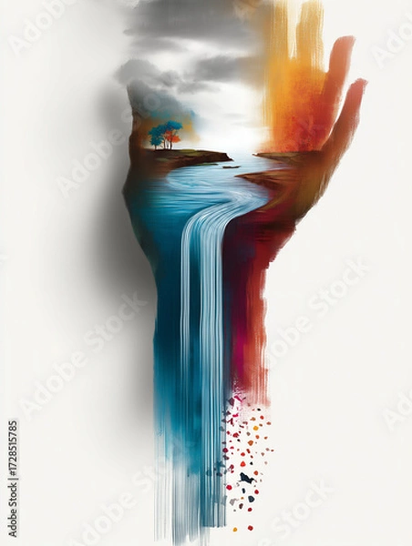 Fototapeta Surreal Hand of God with Waterfall and Creation
