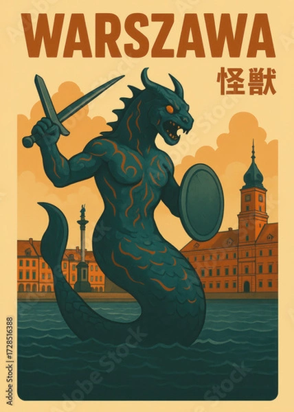 Fototapeta Vintage Style Travel Poster Of Warszawa Featuring A Mythological Mermaid (Syrena) Modified Into A Kaiju Creature Holding A Sword And Shield. Retro Illustration, Polish Cityscape, Pop Culture Art