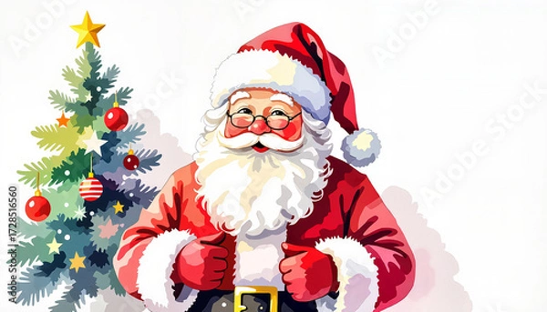 Fototapeta Santa Claus smiling next to decorated Christmas tree in festive style  