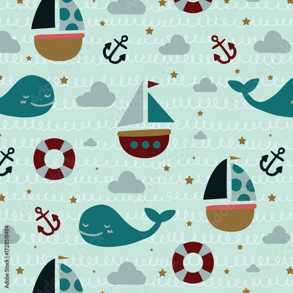 Fototapeta ship and whale sea vector seamless pattern for kids apparel fullprint fabric. This design is suitable for children's clothing textile industry
