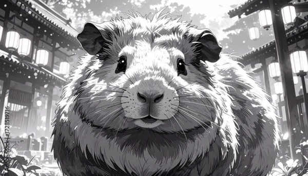 Obraz A whimsical black and white illustration of a guinea pig nestled in a serene setting.