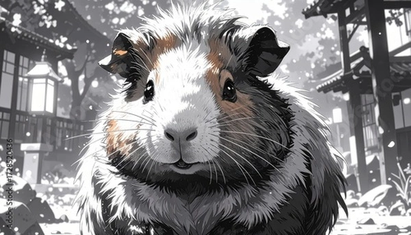 Obraz Close-up of a cute guinea pig with white and brown fur in a stylized monochrome scene