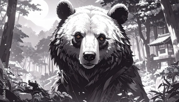 Obraz Majestic bear portrait with a traditional Japanese landscape background, in grayscale.