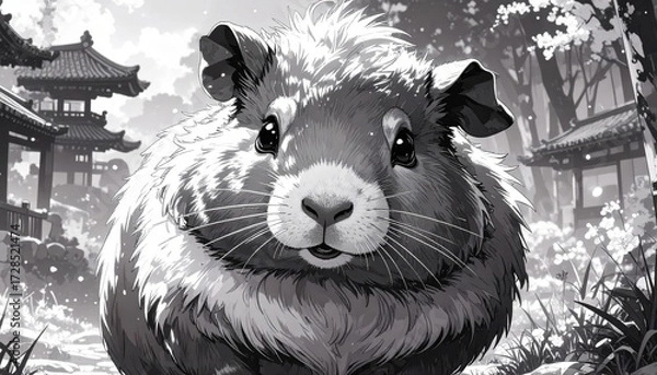 Obraz Monochromatic guinea pig with bright eyes posing in front of a Japanese garden scene.
