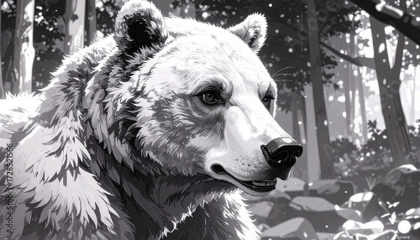Obraz Monochromatic illustration of a majestic bear gazing in a bright, airy forest scene.