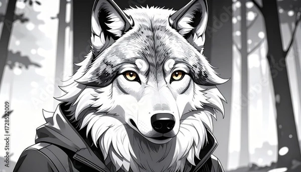 Obraz Monochromatic wolf portrait with a hooded jacket stands out against a forest backdrop.