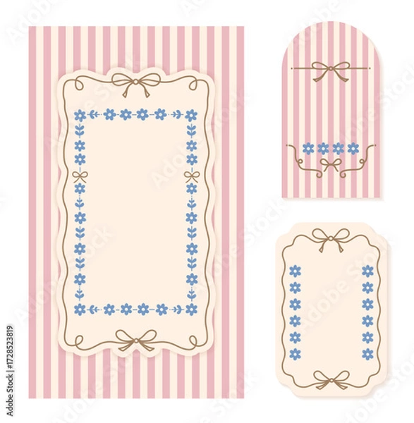 Fototapeta Vintage Pink Striped Frame Labels with Floral Border Design