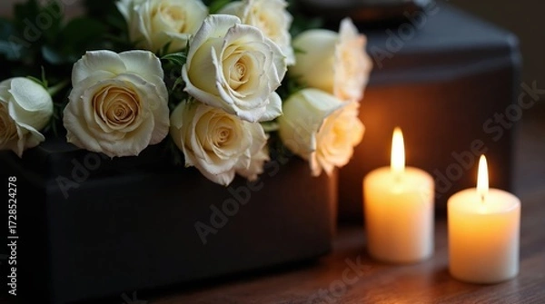 Fototapeta Elegant White Roses Arrangement with Soft Candlelight on a Wooden Surface for Romantic Ambiance and Special Occasions