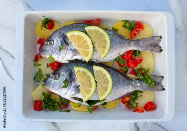 Fototapeta Raw sea bream fish with lemon slices, potatoes, tomatoes and parsley in baking tray