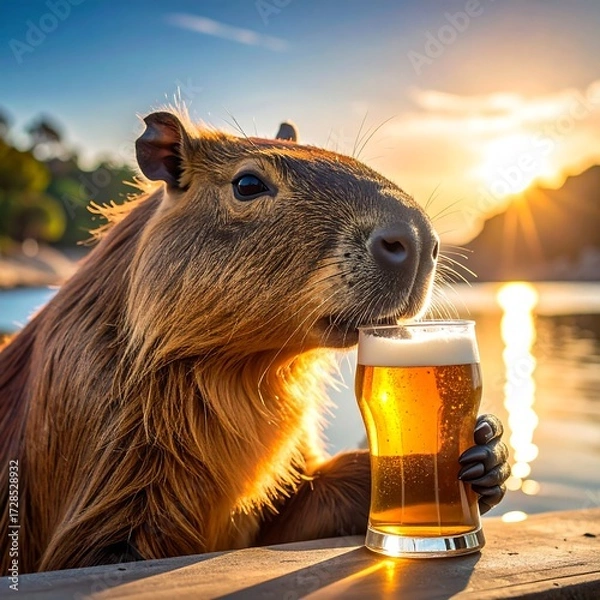 Obraz Capybara enjoying a beer at sunset