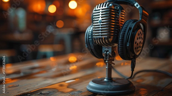 Fototapeta Vintage microphone and headphones on a wooden table in a cafe.