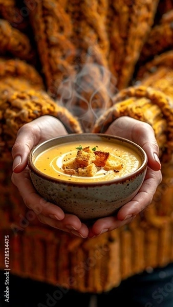 Obraz Warm soup held in hands, autumnal colors
