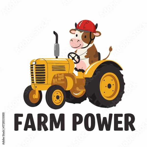 Fototapeta Cartoon Cow Driving Farm Tractor With Helmet and Funny Expression