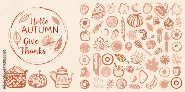 Fototapeta Hello autumn give thanks text in a circle surrounded by a collection of seasonal illustrations and food items