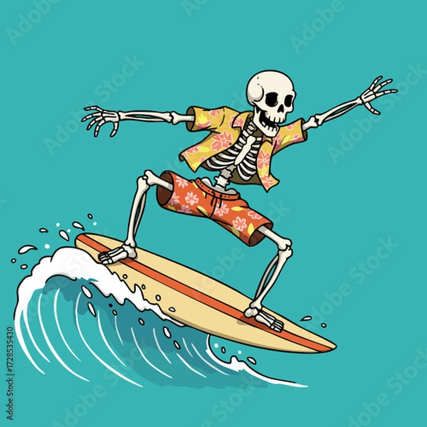 Fototapeta Cartoon Skeleton Surfer Character Riding Wave In Summer Time Illustration