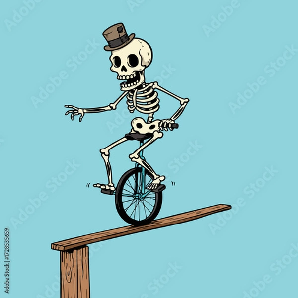 Fototapeta Whimsical Cartoon Skeleton Riding Unicycle on a Plank Balancing Act Illustration