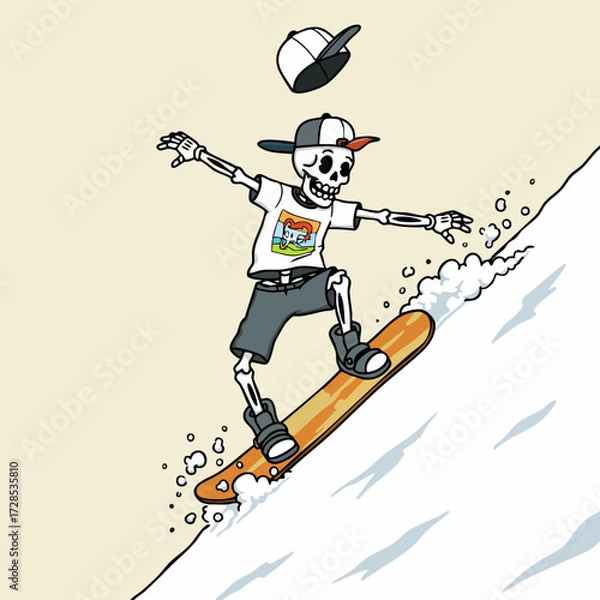 Fototapeta Hand Drawn Illustration Skeleton Snowboarding Downhill With Fun Attitude Sport