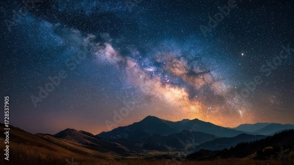Fototapeta Vibrant Milky Way Galaxy Arching Over Silhouetted Mountain Peaks Under a Starry Night Sky.