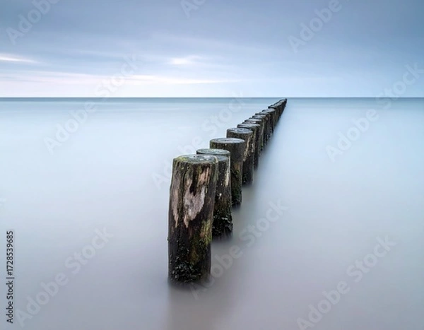 Obraz A wooden breakwater at grey misty dawn in a still sea, long exposure 