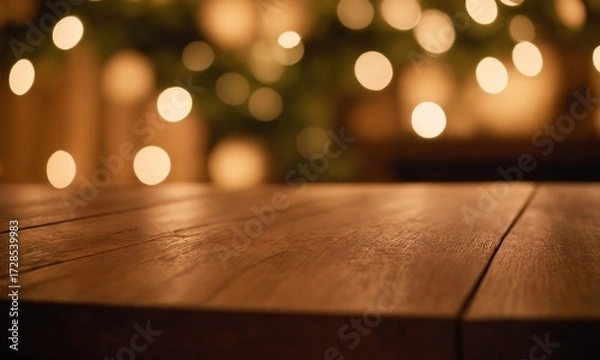 Obraz Warm inviting wooden surface with bokeh lights for festive product placement or holiday promotions
