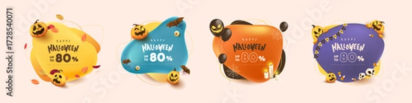 Fototapeta Happy Halloween sale banner or party invitation background with pumpkins balloons candles candy and spooky elements on colorful background Festive Elements Halloween for promotion design