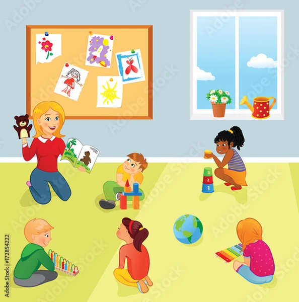 Obraz Elementary school class, teacher and kids