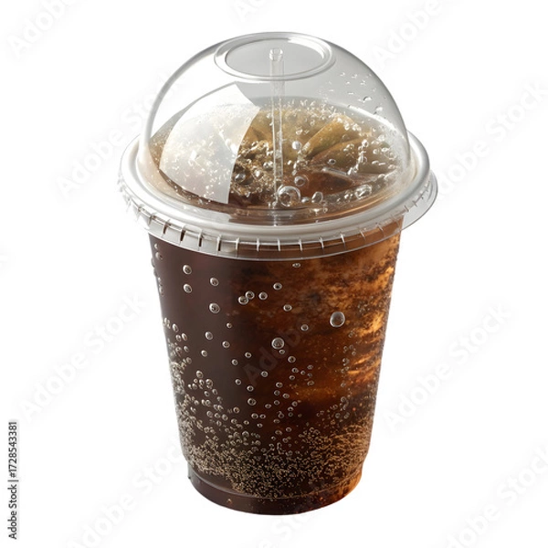 Fototapeta Plastic cup with dome lid filled with sparkling beverage and clear straw