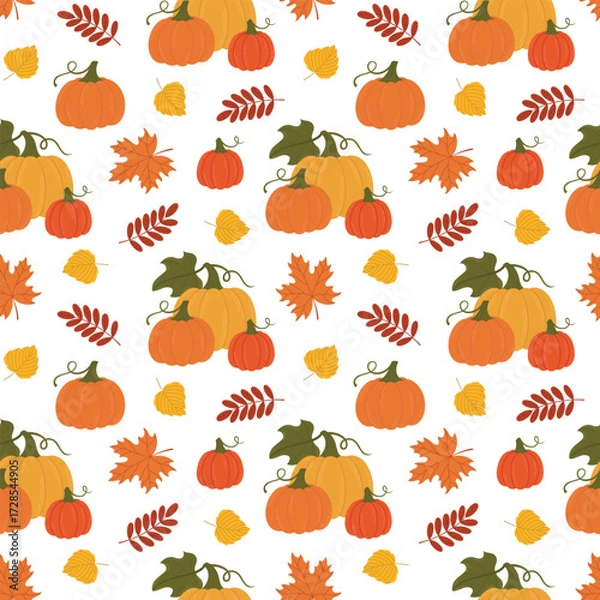 Fototapeta Pumpkins and fall leaves seamless pattern. Autumn seasonal vector background design with squashes and botanical elements