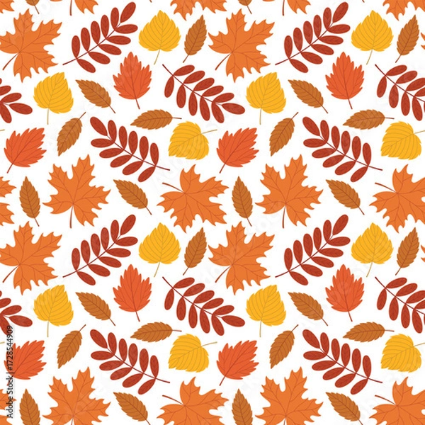 Fototapeta Autumn fallen leaves seamless pattern. Seasonal botanical vector background design