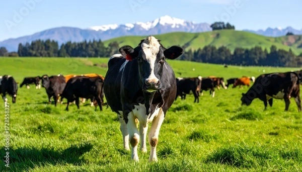 Fototapeta Cows grazing in a lush green field, with a backdrop of rolling hills and snow-capped mountains