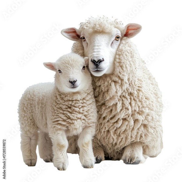 Fototapeta One small lamb and large sheep looking sideways, isolate on transparent white background